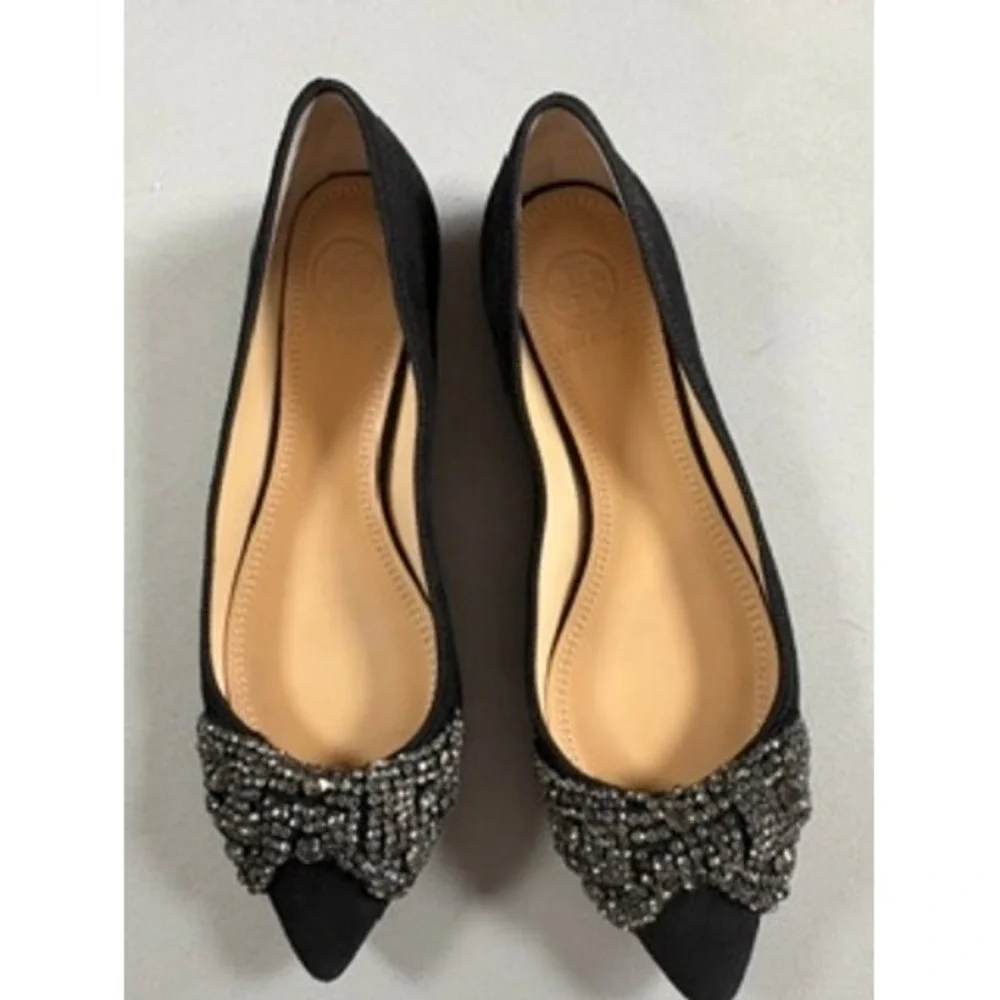 Tory Burch Black Suede Crystal Bow Vanessa Pointed Toe Ballet Flats Shoes 5.5